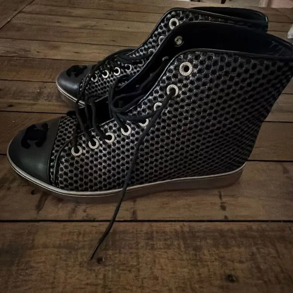 Chanel Black Mesh and Leather CC Cap Toe High Top Sneakers Size 36